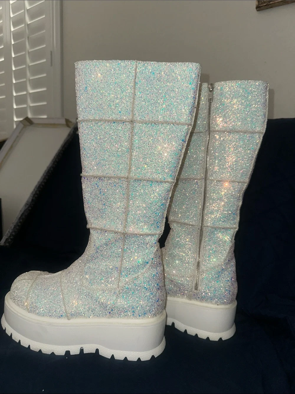 Demonia Sparkle White Glitter Platform Knee Boots - Women's Size 8